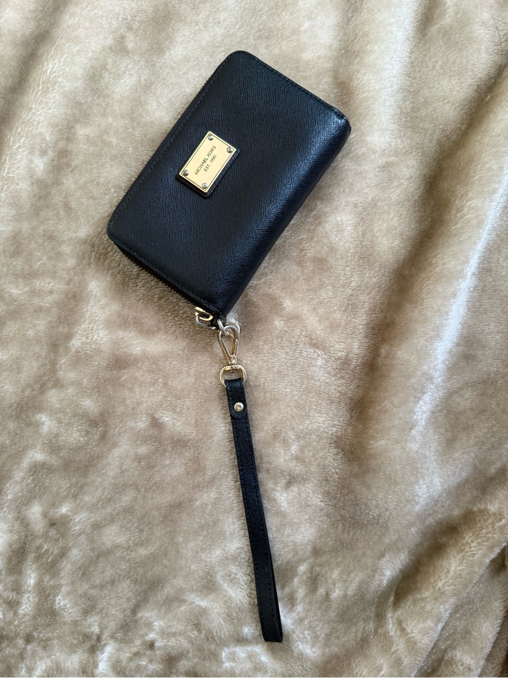Michael Kors Black Leather Zip Wristlet Wallet with Gold Plate